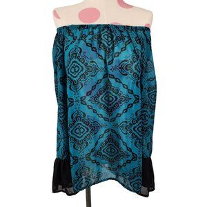 Women's Rachal Kate Sheer Flowy Blouse Ruffle Sleeve Teal Black Small Boho